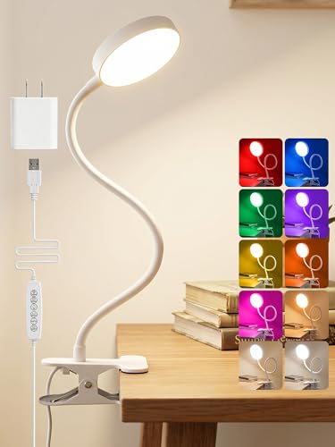 Clip on Lamp,10 RGB Colors+10 Brightness Bright Desk Lamp with Clamp Light - color: White