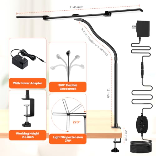 LED Desk Lamp for Office Home, 3 Light Bar Adjustable Desk Light with Clamp - color: Black