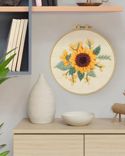 ERKOON Punch Needle Kit Beginners Adults, DIY Easy Flower Embroidery Set for Starter Art Craft, Needling Punching Project with Patterns, Tools, Yarns, Hoop, Instruction (Yellow Flowers) - color: Sunflower-1