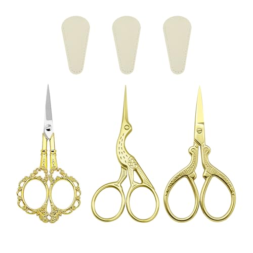 3 PCS Small Sharp Embroidery Scissors, Gold Stork Needlepoint Thread Snips with Cover, Yarn Scissors for Crocheting & Sewing