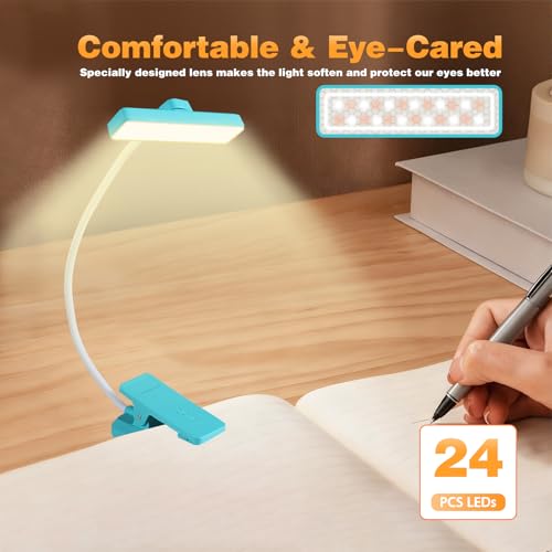 VAVOFO 24 LEDs Rotatable Book Light, Rechargeable Clip Reading Lamp, Blue - color: Blue