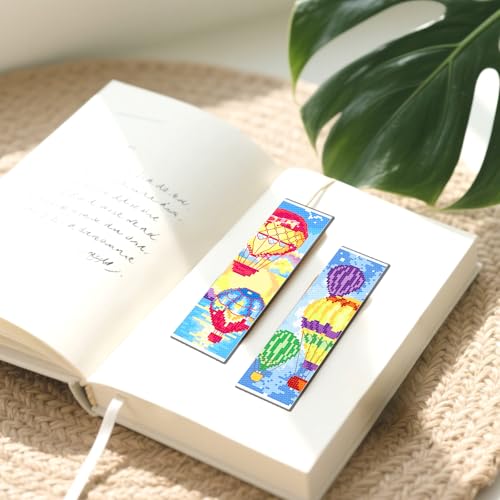 FREEBLOSS 6 Set Cross Stitch Bookmark Kit 11 CT Stamped Cross Stitch Kit DIY Embroidery Bookmark Kits for Adult Beginners with Instructions, Hot Air Balloon, 6 x 20 cm/8" x 2.4" - style: Hot Air Balloon