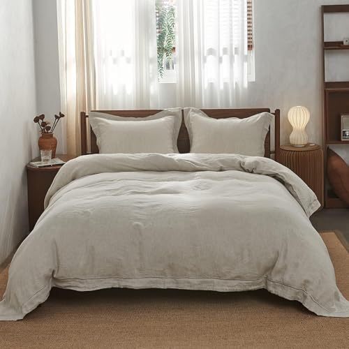 Simple&Opulence 100% Linen Duvet Cover Set with Embroidery Border Washed - 3 Pieces (1 Duvet Cover with 2 Pillow Shams) with Button Closure Soft Breathable Farmhouse - Linen, Full Size - color: Linen, size: Full