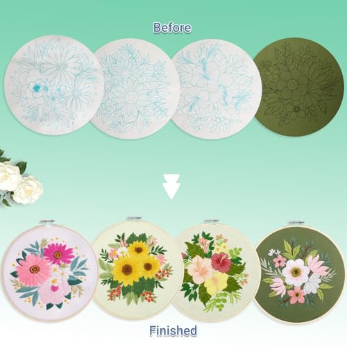 Bonroy 4 Sets Embroidery Set for Beginners, Art Craft, Easy Sewing Embroidery Kit Includes Embroidered Clothes with Patterns, Embroidery Hoops, Instruction Manual, Color Stitch Set (3) - color: Sunflower