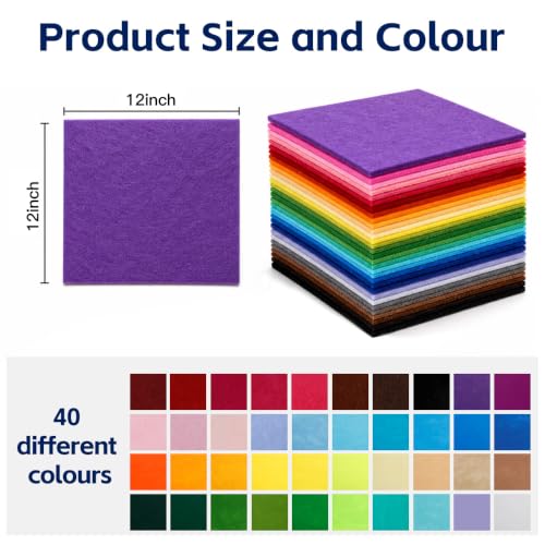 40 Pack Thin Felt Fabric Sheets 12" x 12" Assorted Colors Squares Felt Fabric for Crafts Sewing DIY Patchwork DIY School Projects Home Party Decoration - size: 12 Inch