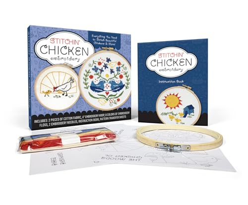 Stitchin' Chicken Embroidery Kit: Includes Cotton Fabric, 6” Embroidery Hoop, Embroidery Floss, 2 Embroidery Needles, Instruction Book, Pattern Transfer Sheets