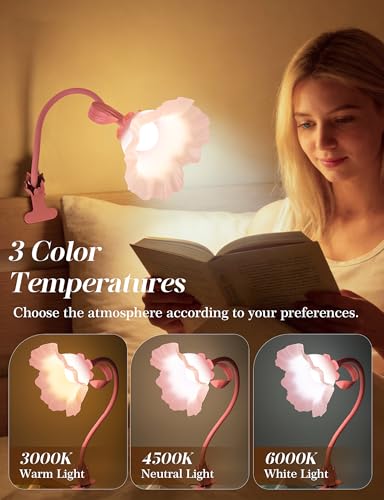 Flower Clip On Desk Lamp for Home and Dorm - Cute Floral Clip On Bedside Book Reading Light, Pink Flower Bunk Bed Lighting, Kawaii Led Flexible Gooseneck Table Lamp for Headboard with Clamp - color: Pink