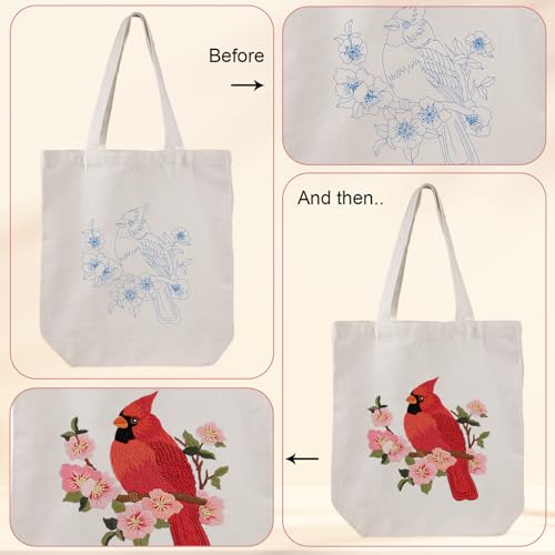 Louise Maelys Cardinal Embroidery Kit for Beginners Canvas Tote Bag - color: Cardinal