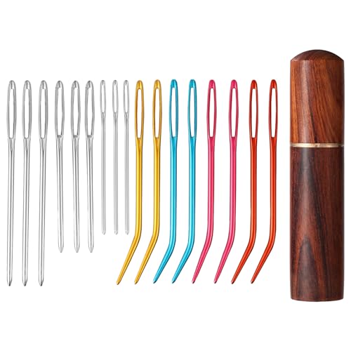 17pcs Large Eye Sewing Needles Kit with Wooden Case, Blunt Darning & Bent Tapestry Hand Yarn Needles Tool Supplies for Crochet Knitting Kandi Embroidery Projects