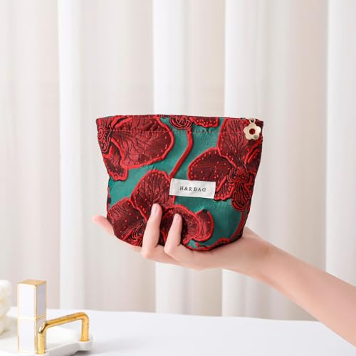 Elegant Red Floral Jacquard Cosmetic Bag Travel Makeup Pouch Organizer - color: Elegant Red Flower