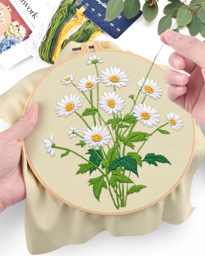 ERKOON Embroidery Kit for Beginners, Flower Cross Stitch Set Include Embroidery Cloth Hoops Threads for Craft Lover Hand Stitch with Embroidery Skill Techniques (Daisy) - color: Daisy