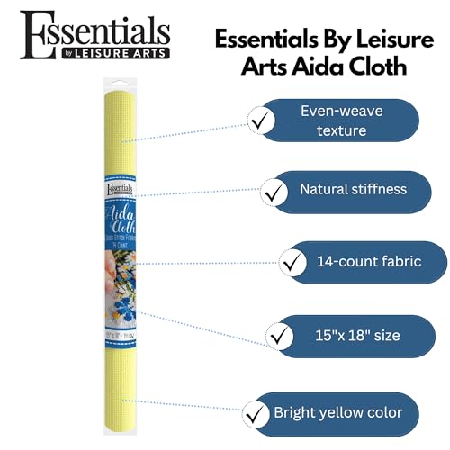 Essentials By Leisure Arts Aida Cloth, 14 Count, Yellow, Cross Stitch Fabric, Embroidery Fabric, Cross Stitch Supplies for Crafting, Stitching, and Sewing Projects 15X18