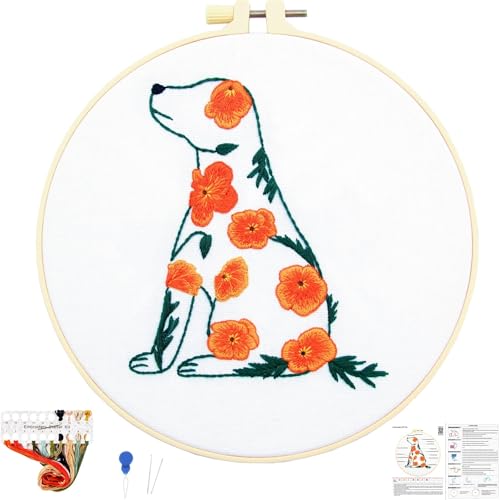 Crafmanoe Flowers Dog Embroidery Kits for Beginners Adults, Hand Embroidery Starter Kits, Stamped Cross Stitch Kits DIY Needlepoint Kit for Beginners Adults, Embroidery Hoop, Thread and Video Tutorial - color: H2074