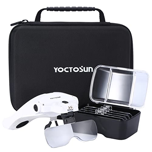 YOCTOSUN Magnifying Glasses with Light, LED Head Magnifier with 5 Lenses, Headband, Storage Case, Hands Free Lighted Head Magnifying Visor for Close Work Hobby Crafts - style: Head Magnifier with 2 LED Lights & Storage Case