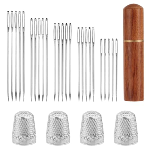 30pcs Large Eye Sewing Needles Kit, Stainless Steel Large Eye Embroidery Needles with Case and 4 Thimbles for Crochet Darning Yarn Knitting and Embroidery Projects