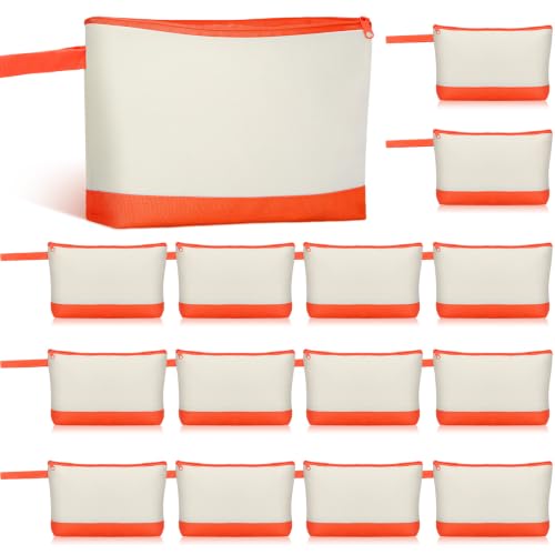 Silkfly 15 Pcs Cotton Canvas Makeup Bags Cosmetic Zipper Bags 10.2 x 5.5 x 2'' Blank DIY Pouch Bulk Pencil Case with Bottom Travel Toiletry Pouch for Women Craft Decor Gift (Beige and Orange) - color: Beige and Orange