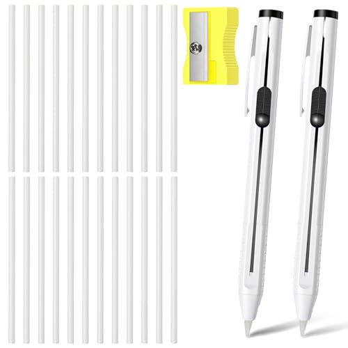 28 Pcs Chalk Pencil Refillable Cartridge Set, Sewing Fabric Pencils and Fabric Marker Pens with Cartridge Sharpener, White Tailors Chalk Pencil for Quilting Dressmaking DIY Craft