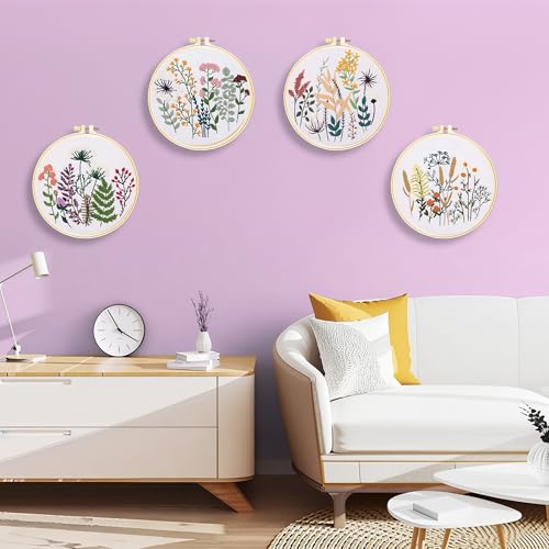 Huacan Embroidery Kit for Adults Beginners with 4 Hoops & Gift Box - color: Floral