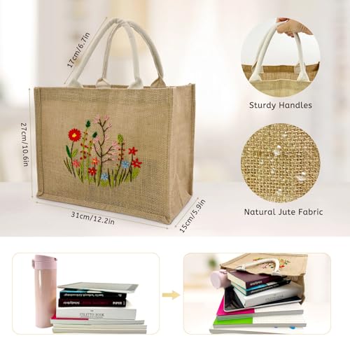 SNAIL GARDEN Linen Tote Bag DIY Embroidery Kit for Beginners with Scarf, Printed Cross Stitch Craft Kit with Thread, Needle & Guide – Reusable Grocery Bag for Women