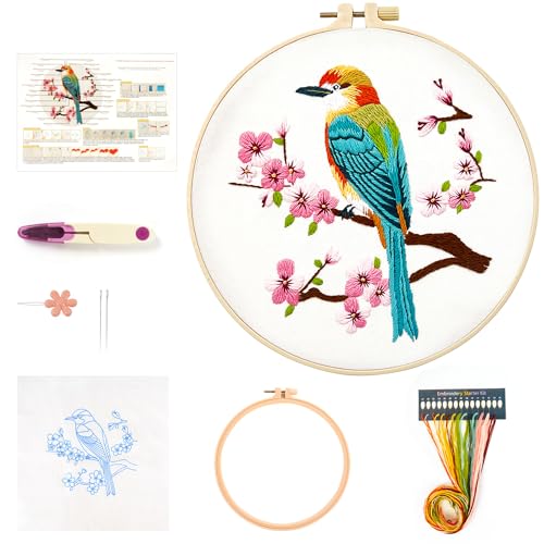 MAMUNU Embroidery Kit for Beginners Adults, Cross Stitch Kits, Stamped Cross Stitch Kits, Hummingbird and Flower Embroidery Kit with Printed Embroidery Cloth, Embroidery Hoop, Color Threads and Tools - color: Bird