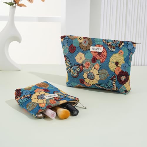 Butterfly Floral Cosmetic Bag Blue Base Zipper Travel Makeup Pouch - color: Flower Garden Blue