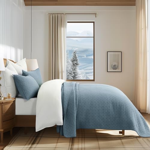 EVERGRACE x Kinsey Walsh 100% Cotton Cross Stitch Quilt, King, Dusty Blue - color: Dusty Blue, size: King/Cal King (108" X 96")