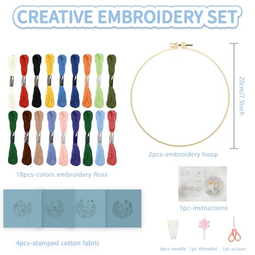 FREEBLOSS 4 Sets Embroidery Kit for Beginners Needlepoint Birds&Wreath Stamped Embroidery Starter Kit with Instructions, Needles, Threads, 2 Hoops 11.6"/29.5CM - style: Bird Wreath