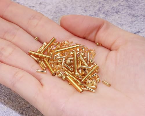 Mixed Craft Beads 1000Pcs/20g Glass Seed Beads Tube Beads Bugle Beads 1.5-4.5mm Small Loose Spacer Beads for DIY Bracelets Necklace Earring Jewelry Making (Gold) - color: Gold