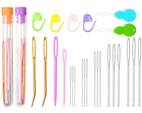 Hekisn 45Pcs Large Eye Blunt Yarn Needles kit, Assorted Sizes Bent Tapestry Darning Needle, Sewing Needles with Needle Threaders & Stitch Markers for Knitting Crochet (Orange&Purple) - color: Orange&Purple
