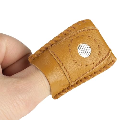 Genuine Leather Thimbles for Hand Sewing, 2 Pack Large Metal Tip Finger Protectors for Quilting, Embroidery, Needlework and Crafting Tools