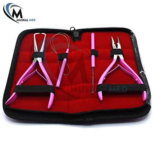 Professional Hair Extension & Beading Tool Kit Remove Plier Set for beads (4 Piece) I-Link Micro Ring Loop Needle Pulling Hook Threader Wire for Silicone Rings (Hot Pink) - color: Hot Pink