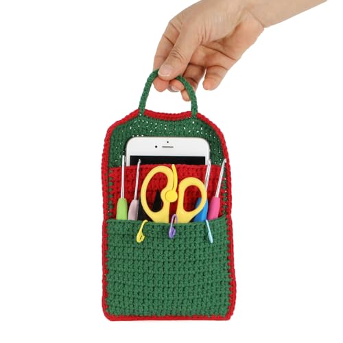Handmade Crochet Bag Organizer,2-Layer Small Crochet Pouch for Women,Crochet Hook Storage & Knitting Project Bag,Green Red Crocheted Bag for Crochet Supplies,Scissors,Gifts for crochet lovers