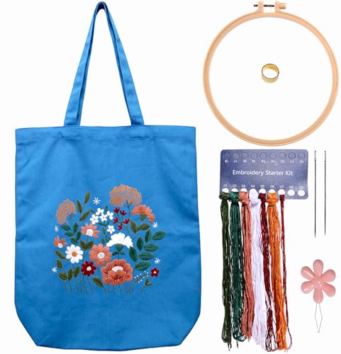 CREAWONDER Canvas Tote Bag Embroidery Kit with Pattern for Beginners, Arts and DIY Embroidery Crafts Kits for Adults, Include Instructions, Thimble, Embroidery Hoops, Color Threads and Tool - color: CR002 huaguangpianran darkblue