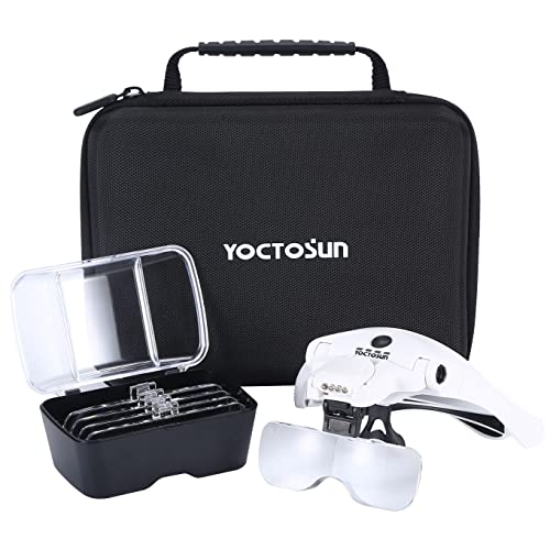 YOCTOSUN Magnifying Glass with 4 LED Lights,5 Lenses,Headband,Storage Case - color: White With Storage Case