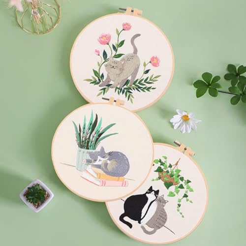 Ohcol 3 Sets Cat Embroidery Kit,Needlepoint Kits for Adults Beginner,Needle Point Sets with Washable Pre-Printed Pattern,1 Hoop,Women Hand Crafts - color: Q-Cat (3 Patterns, 1 Hoop + Extas)