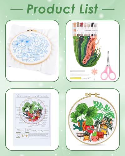 ERKOON Embroidery Kit for Beginners, Flower Cross Stitch Set for Include Embroidery Cloth Hoops Threads for Craft Lover Hand Stitch with Embroidery Skill Techniques (Greenery) - color: Greenery