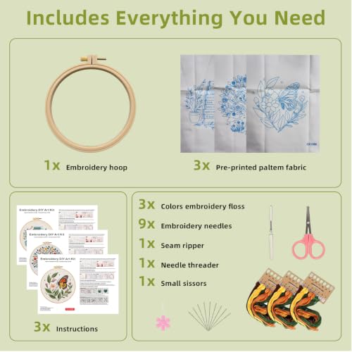 Herdiese Embroidery Kit for Beginners & Adults, 3 Sets with Instructions - color: Flower-F (3 Pack)