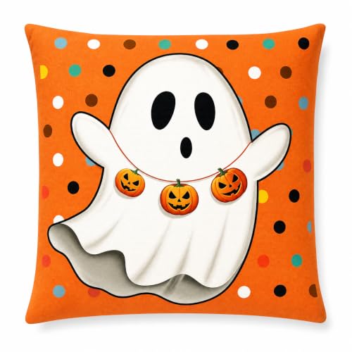 Cute Ghost with Pumpkin Linen Pillow Cover 18x18 Yellow Background - color: Pa10064, size: 18" x 18" (Pack of 1)