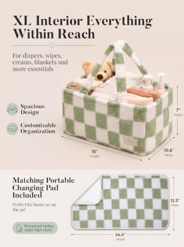 Baby Diaper Caddy Organizer with Waterproof Changing Pad, Checkered Green - color: 6/ Checkered Green Diaper Caddy with changing pad