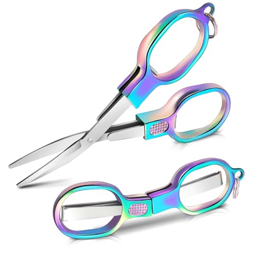 2PCS Folding Scissors, Color Stainless Steel Portable Travel Scissors, Foldable Pocket Badge Mini Small Scissor with 2 Key Ring, Gift for Men Safety Scissor for Outdoor, Fishing, Sewing, Home, Office - color: Color