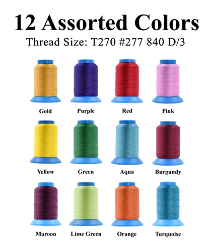 Mandala Crafts Size 277 840D T270 12 Vibrant Bonded Nylon Thread, 780 YDs - color: 12 Vibrant Colors, size: T270 #277 840D/3 780 Yards
