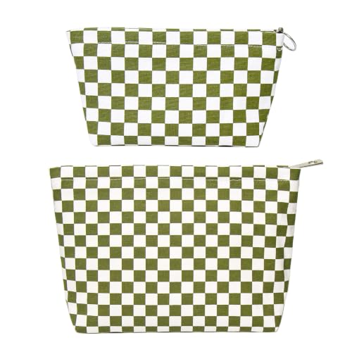 getgto 2 Pcs Makeup Bags, Large Cosmetic Bag Travel Toiletry Bag - color: Army green Checker