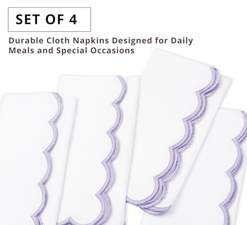 PurpleEssences Scalloped Cloth Napkins 18x18 in - White Edges Lavender - color: White(edges- Lavender)