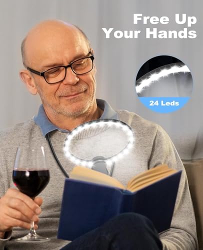 5X Hands-Free Magnifying Glass with 24 LED Lights, 5.12" Rechargeable Magnifier with Flexible Gooseneck for Neck Wear, Large Page Magnifier for Seniors Reading, Repairing, Sewing, Cross Stitch