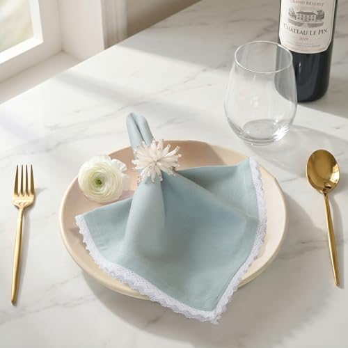FINGERCRAFT Lace Cloth Napkins, Cotton Linen, 4 Pack, 20x20 Inch,Aqua - color: Aqua, size: 20" x 20" (Set of 4)