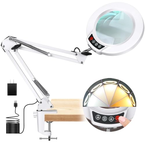 12X Magnifying Glass with Light and Clamp, Real Glass Lens Lighted Magnifier, 5 Color Modes LED Dimmable Desk Lamp Hands Free for Jewelry Crafts Hobby Painting Close Work, White - color: White, size: 12X 17.8inch Clamp