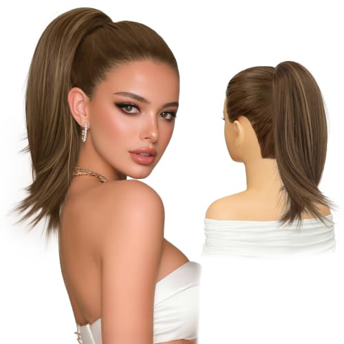 SOFEIYAN Drawstring Ponytail Extension for Women 15 Inch Comb Clip in Straight Clip on Hairpiece Layered Fluffy Thick Pony Tails Hair Extension Synthetic Hairpieces for Daily Use - Brown Mixed Blonde - color: Brown Mixed Blonde