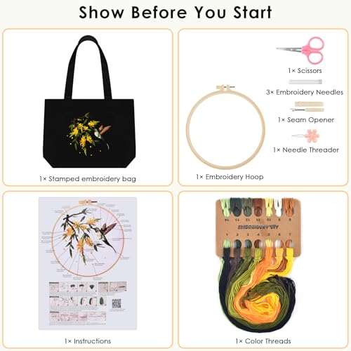 ERKOON Embroidery Canvas Tote Bag for Beginners, Floral Arts Crafts Cross Stitch Kits for Adults Including Stamped Embroidery Bag with Hoops, Needle, Instruction and Color Threads (Hummingbird) - color: Hummingbird