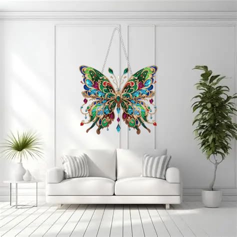 STGLCR DIY Hanging Diamond Art Pendant Painting Kit Colourful Butterfly, Special Crystal Gem Craft Painting Kit Ornament Double Sided Diamond Art Suncatcher Window Hanging Ornament 7.8inch - color: Green Butterfly