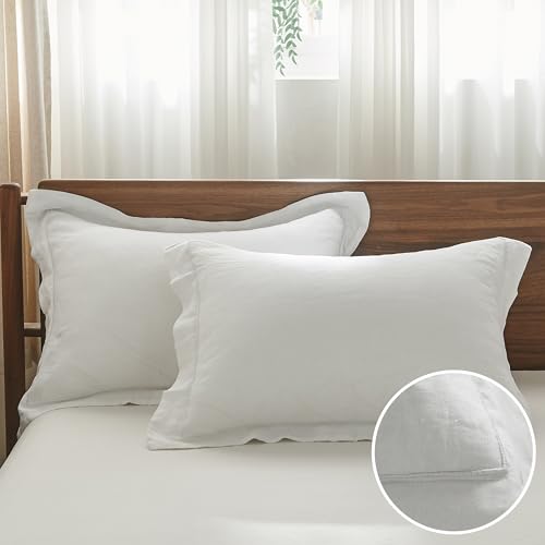 Simple&Opulence 100% French Linen Pillowcases with Embroidery – Pack of 2, Washed Solid Color Natural Flax, Soft & Breathable - White, 20'' x 26'' - color: White, size: Queen